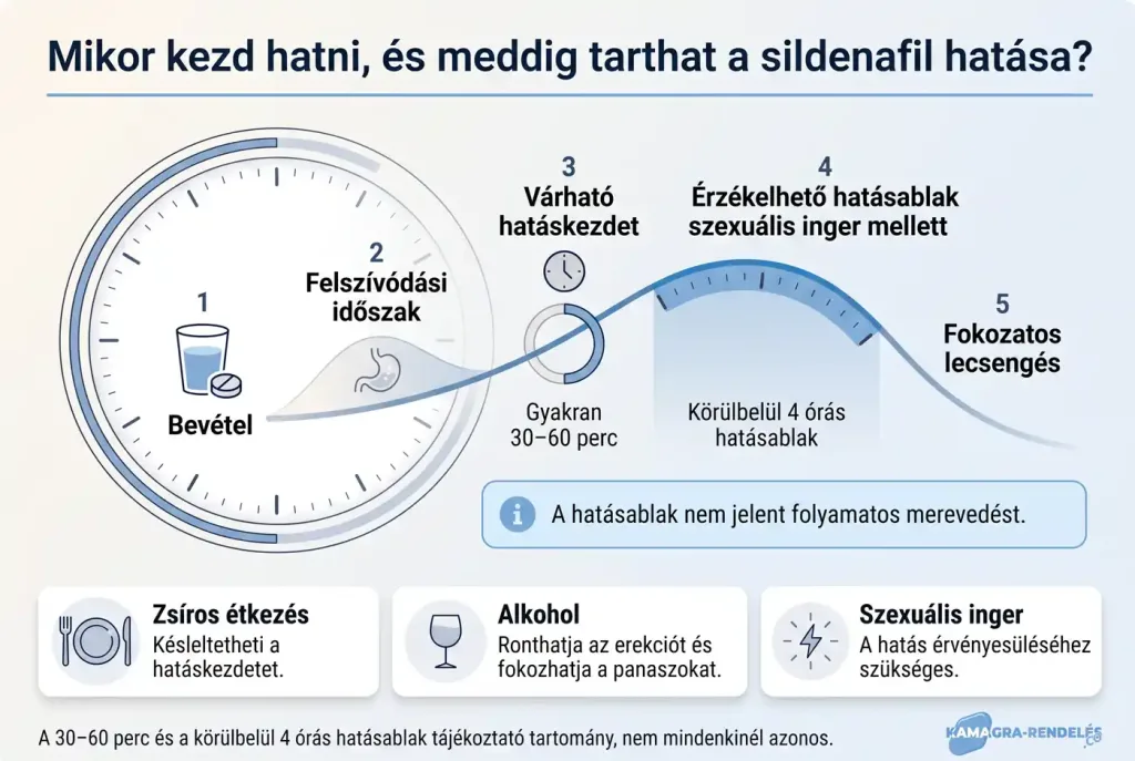 A sildenafil várható hatáskezdetét és fokozatos lecsengését bemutató idővonal